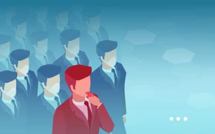 A graphic of a man in a suit blowing a whistle in front of a group of men in suits.
