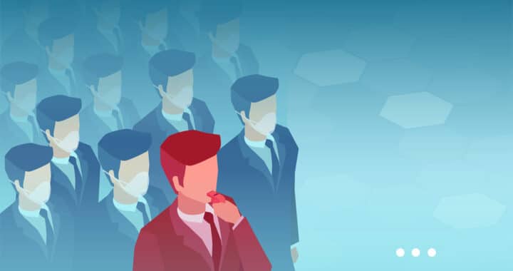 A graphic of a man in a suit blowing a whistle in front of a group of men in suits.