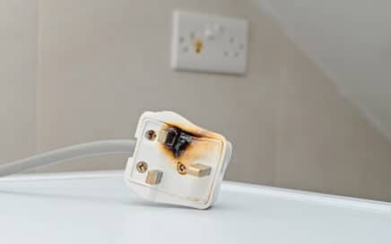 A burnt, white appliance plug.