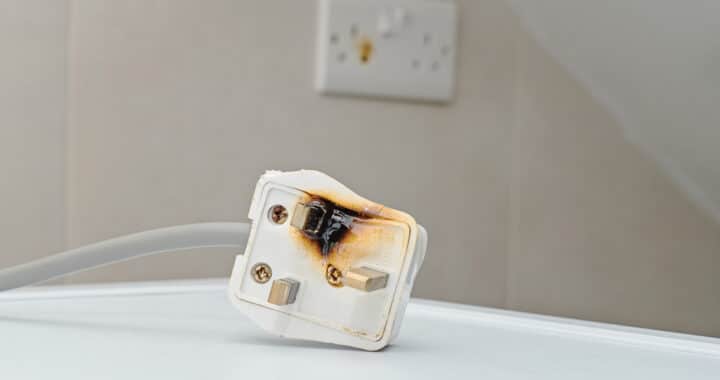 A burnt, white appliance plug.