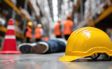 A yellow hard hat on the floor with a person lying behind it.