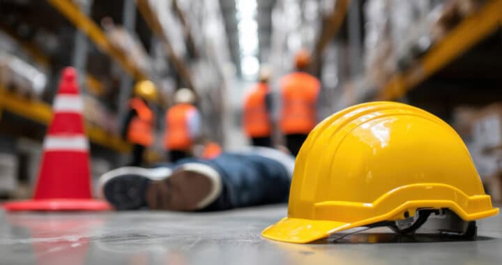 A yellow hard hat on the floor with a person lying behind it.